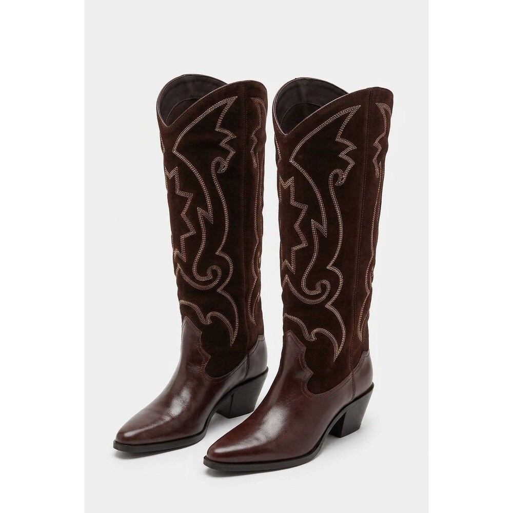 NWT Zara Burgundy Leather Suede Embroidered Cowboy Boots EU 40 US 9 Western